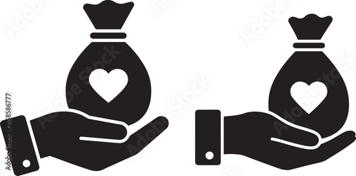 Two hands holding money bags with heart symbol silhouette