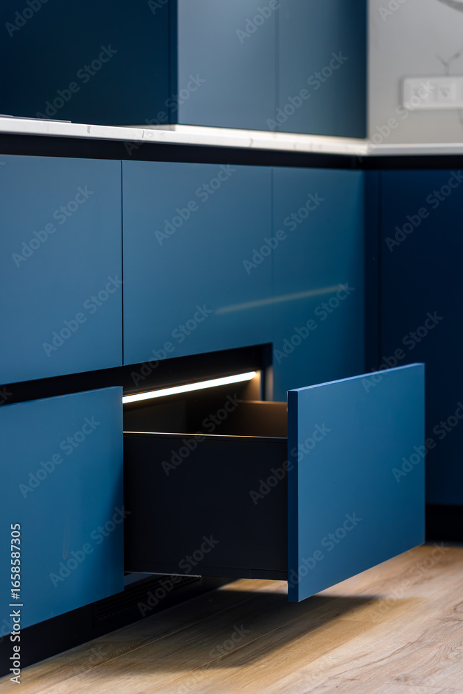 Fotografia Deep drawer. Linear LED. Blue modern