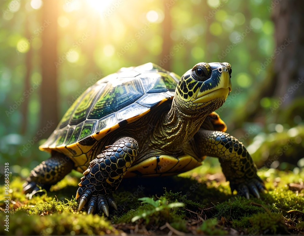 Obraz premium Turtle in sunlit forest