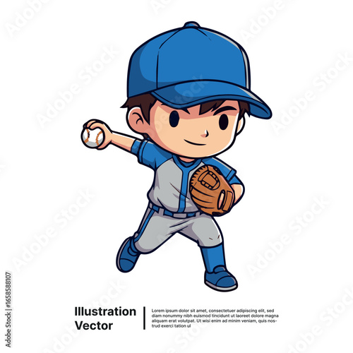 Cute baseball player in blue uniform throwing a baseball with a baseball mitt