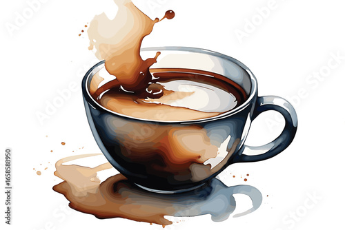 Coffee beans falling into ceramic white mug or cup with hot coffee splash. Coffee cup 3D realistic vector illustration.