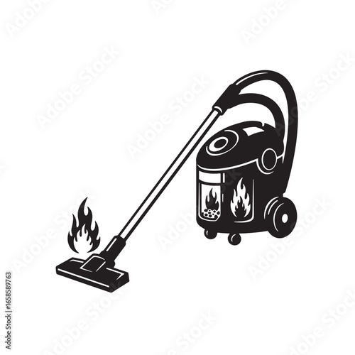 Conceptual black and white illustration of vacuum cleaner suctioning flames on white background