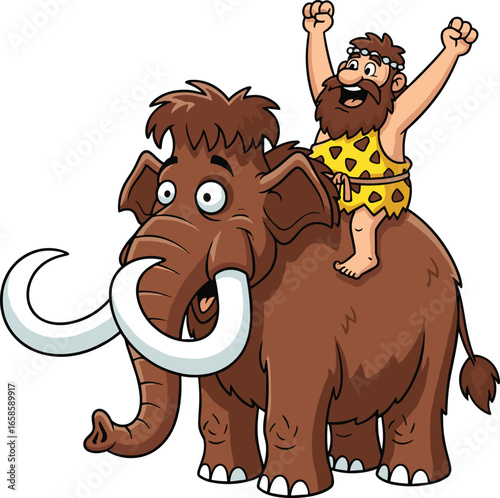 Cartoon caveman riding mammoth, prehistoric character, woolly mammoth, raised fists, funny expression, vector illustration, ancient life, animal companion
