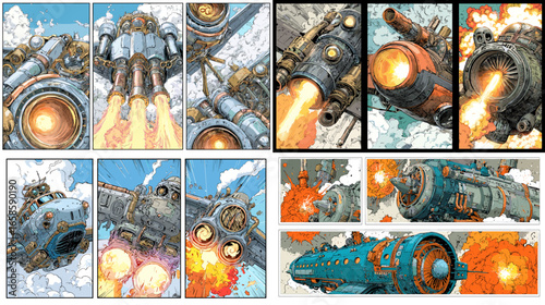 Comic book style panels showing detailed rocket engines and steampunk spacecrafts blasting through clouds and fire. Dynamic story concept art ideal for sci-fi comics or animation design.