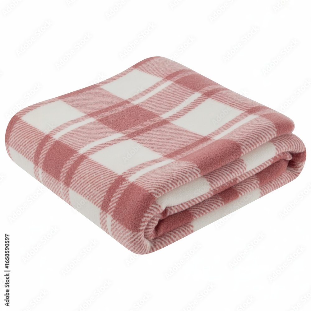 Cozy folded flannel blanket with classic pink and beige plaid pattern warmth and comfort white background Cozy folded flannel blanket with classic pink and beige plaid pattern warmth and comfort white background