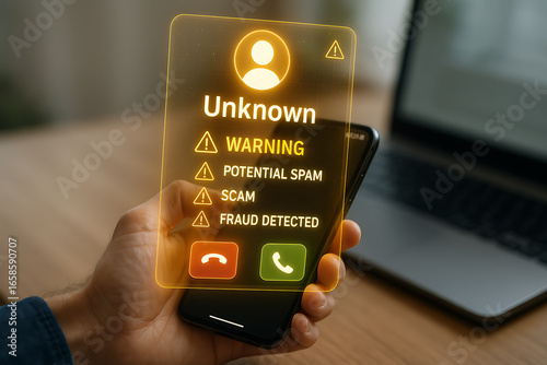 Hand holding smartphone with glowing unknown caller warning and potential spam scam fraud detected alert on screen