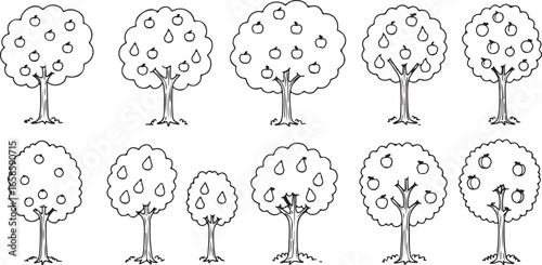 Collection of cartoon trees with various fruits black and white line art drawing isolated