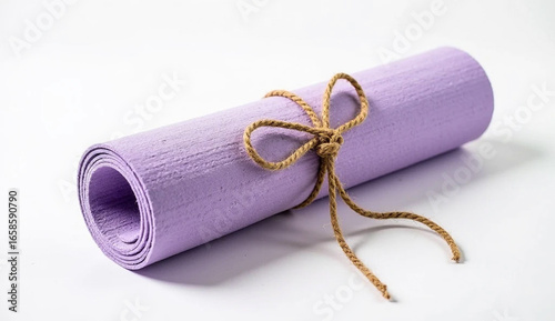 Purple Yoga Mat Rolled with Rope on White Background