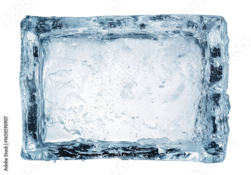 Close-up of a rectangular ice cube.  Clear ice, slightly mottled, shows air bubbles and moisture trapped within.  Visible frost lines along the edges