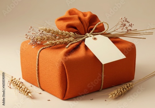 Beautifully wrapped orange gift box adorned with natural embellishments and a blank gift tag
