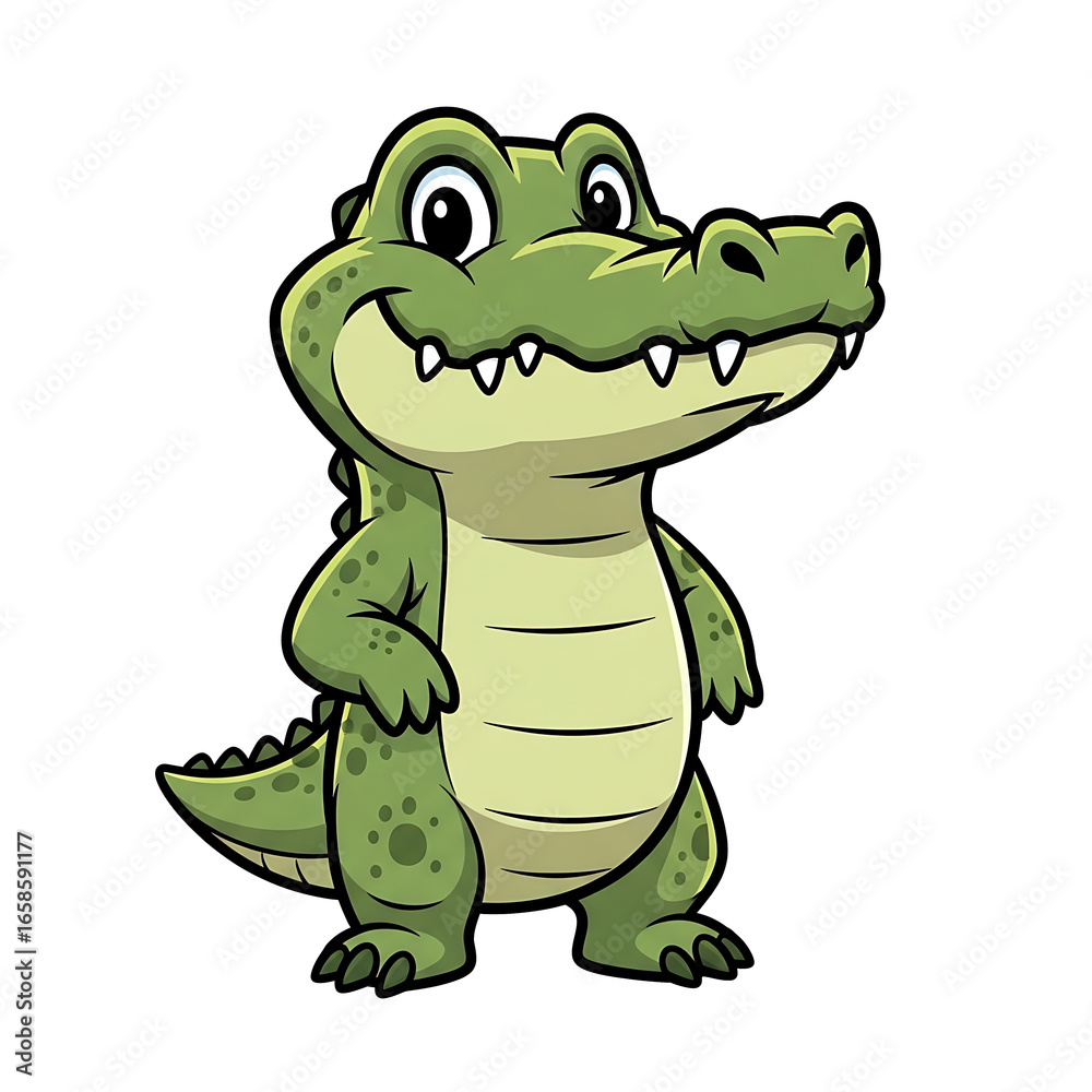 Obraz premium A cartoon alligator stands upright, smiling with its hands on its stomach, against a white background.