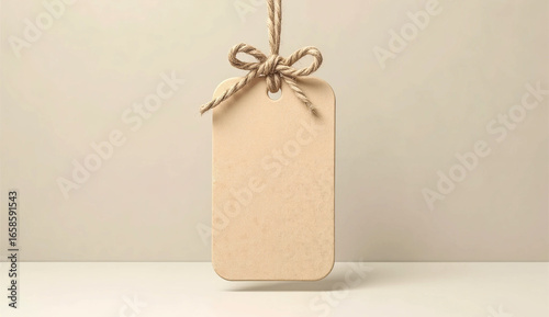 Blank Kraft Paper Tag Hanging with Twine on Neutral Background