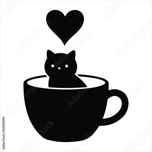 Cute black cat sitting in a coffee cup with a heart above