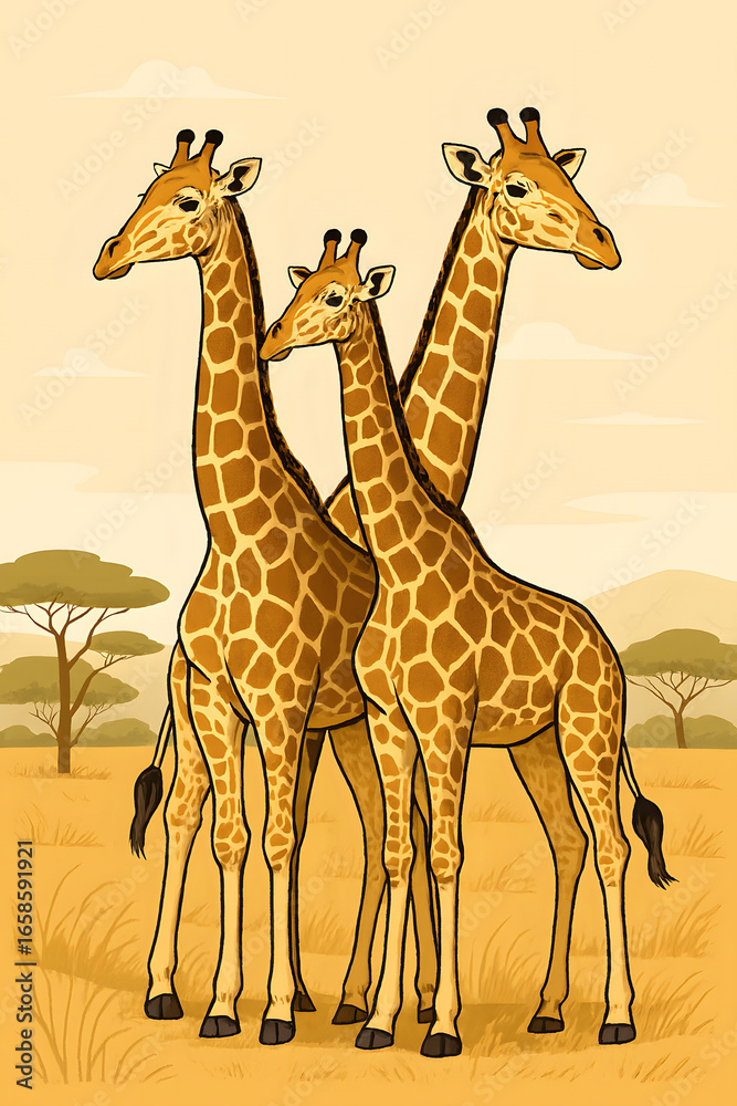 Obraz premium Three giraffes standing together in the african savannah