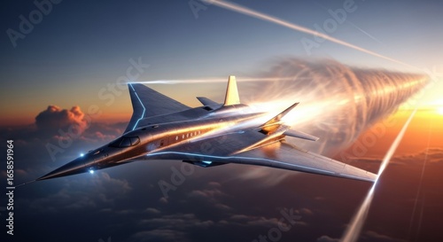A futuristic supersonic aircraft soars through the sky, leaving a visible sonic boom in its wake as the sun sets on the horizon.