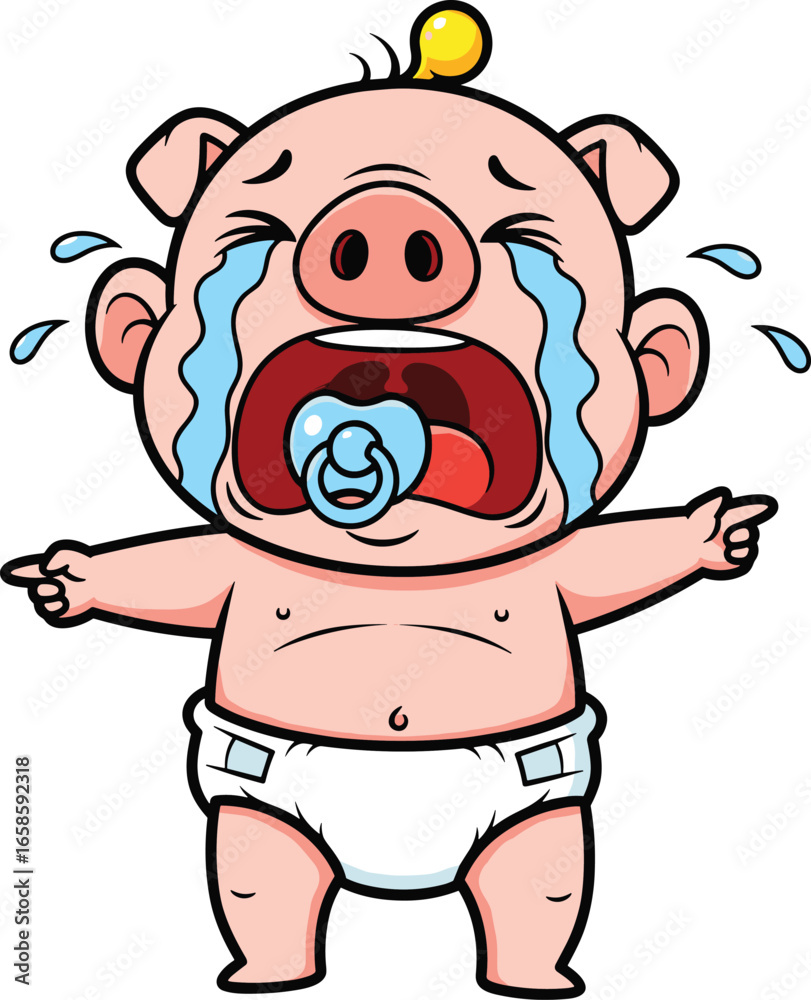 Naklejka premium Crying baby pig cartoon, pacifier, diaper, tears, upset piglet, emotional animal, vector illustration, cute pig character, kids clipart