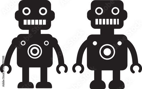 Two retro robot characters side by side silhouette