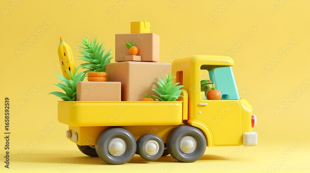 Naklejka premium Charming yellow delivery truck carrying boxes, plants, and fruit for a fresh, vibrant design