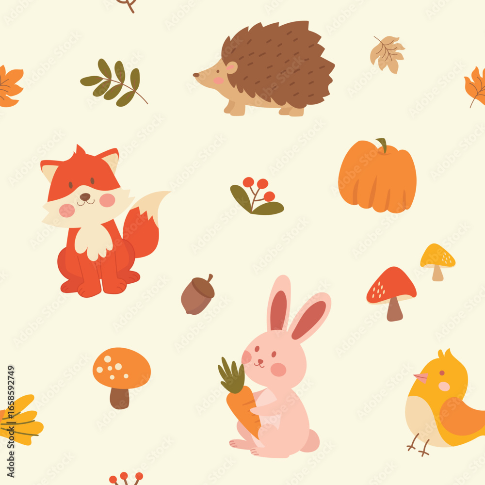 Fototapeta premium Cute Woodland Animals Seamless Pattern. Seamless cartoon pattern with forest animals and fall motifs. Suitable for nursery posters, kids’ clothing, and seasonal stationery.