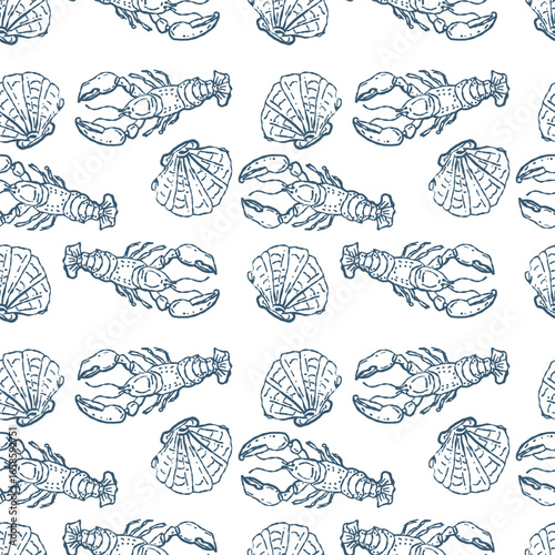 Hand drawn vector seamless pattern in Italian vintage style with seafood. 