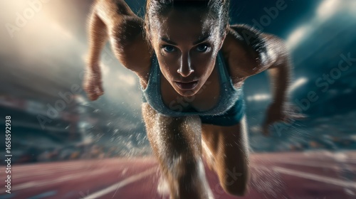 Close up of a female athlete running on a track with a determined look and sweat on her face in motion