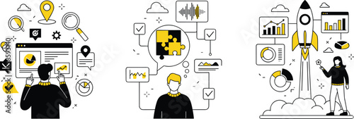 Data analysis, problem solving, project launch, business concept, startup growth, vector illustration, icons, charts, graphs, brainstorming, rocket