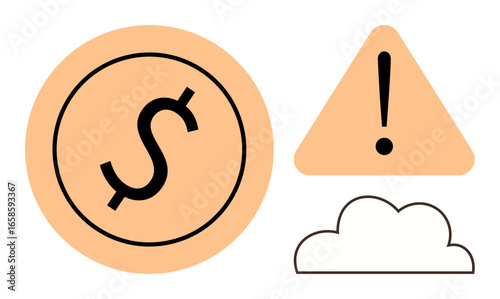 Dollar sign in orange circle, warning triangle with exclamation mark, cloud below. Ideal for finance, risk management, caution, savings, cloud services, economic concern simple flat metaphor