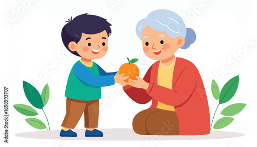A boy giving an orange to a smiling elderly woman, a heartwarming scene of intergenerational connection.