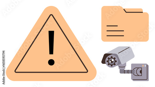 Warning triangle with exclamation mark, folder, and CCTV camera symbolizing caution, data privacy, security risks, and surveillance. Ideal for cybersecurity, caution, awareness and data protection