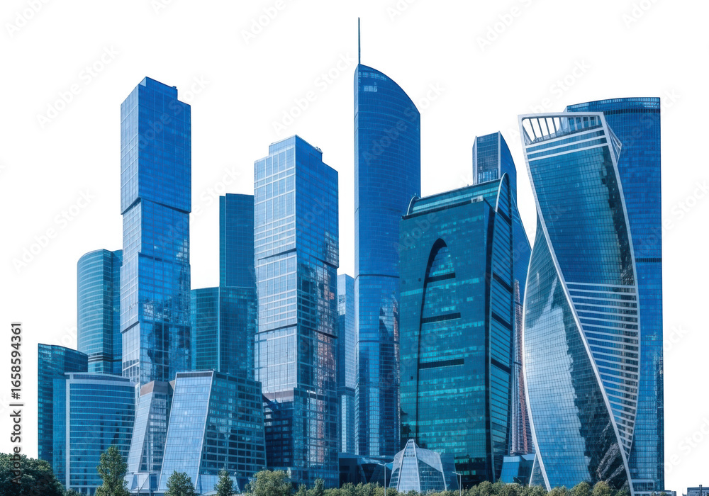 Fototapeta premium Modern blue skyscraper cityscape reflecting urban growth and architecture transparent background