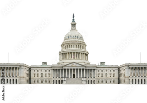 Iconic u.s. capitol building facade rendered against a stark contrast transparent background