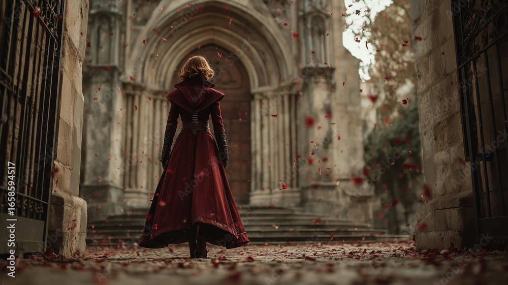 Naklejka premium Mysterious character walks through a medieval courtyard scattered with rose petals