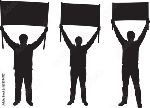 Three men holding blank banners aloft in silhouette