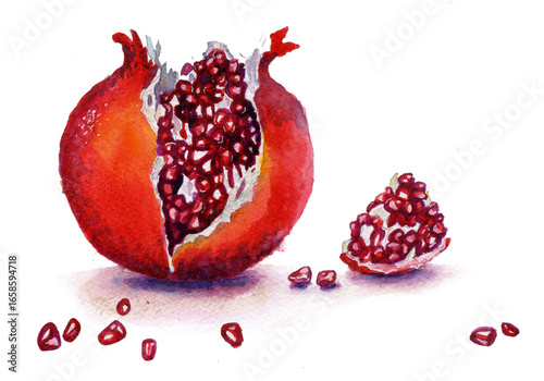 Watercolor pomegranate with juicy ruby-red arils on a white background. Half a fruit with a piece and scattered seeds. Healthy food, autumn, still life.