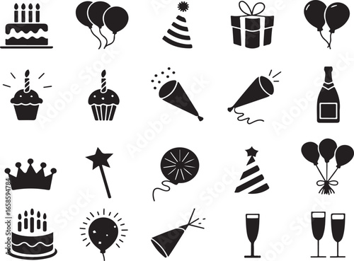 Celebration and party silhouette icon set – filled style festive, event, and birthday symbols for joyful occasions: balloon, cake, gift, hat, confetti, cupcake, streamers.