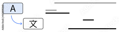English letter A linked by an arrow to a Chinese character, surrounded by abstract minimal lines. Ideal for language education, communication, globalization, technology, interpretation, linguistics