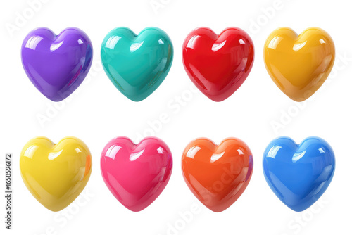 Nine glossy, vibrant hearts in various colors arranged in two rows.  Each heart has a smooth, rounded, 3D appearance
