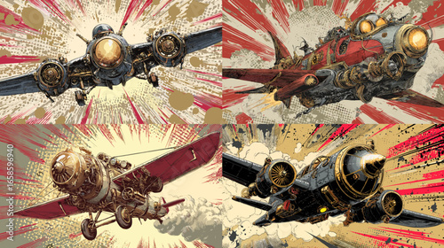 Dynamic steampunk aircrafts flying through explosive red backgrounds with vintage metallic engines, rivets, and gears. Perfect for fantasy, adventure, or mechanical art projects.