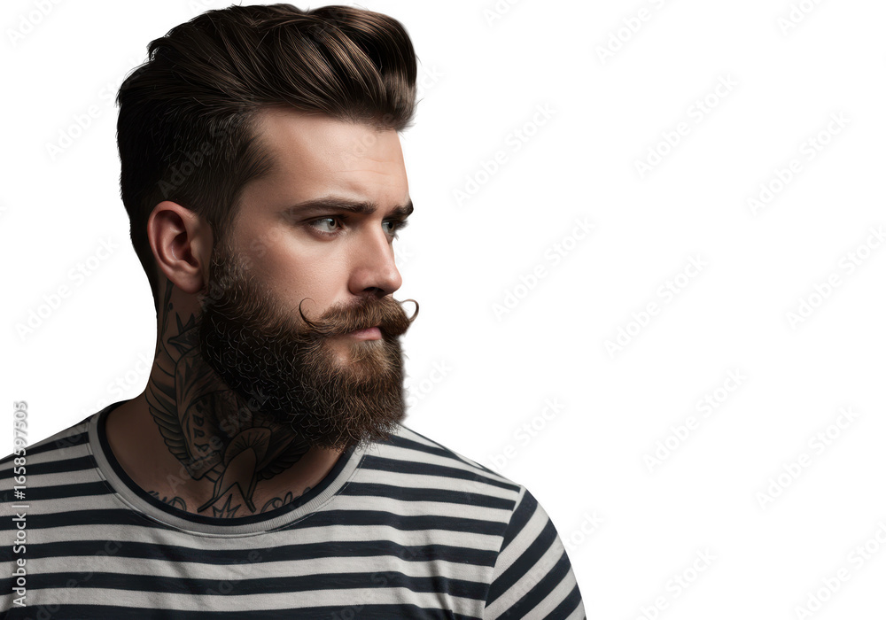 Fototapeta premium Bearded man with mustache wearing striped shirt isolated on transparent background