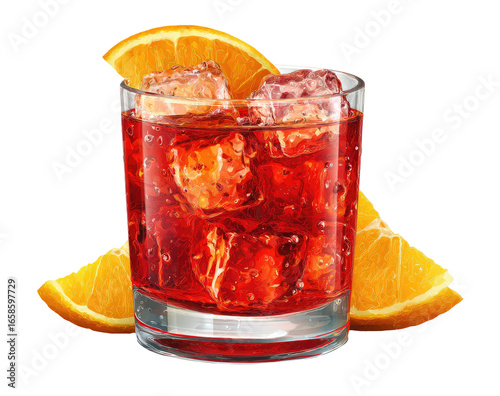 A vibrant red cocktail, garnished with orange slices, sits in a glass with ice