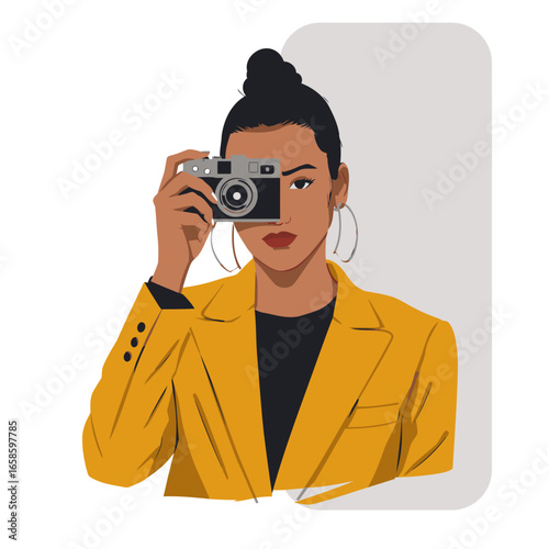 Creative Girl Photographer in Street Style Jacket Vector