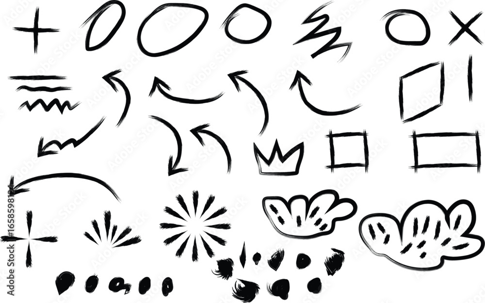 Fototapeta premium Arrow brush asterisk marker line shape set. Chalk crayon underline, check mark, scribble and texture in rough hand sketch style. Drawn heart, frame, star design shapes. Vector illustration