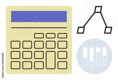 Calculator with functional buttons, a data column chart, and a branched diagram. Ideal for analysis, statistics, mathematics, finance, decision-making education business planning. Simple flat