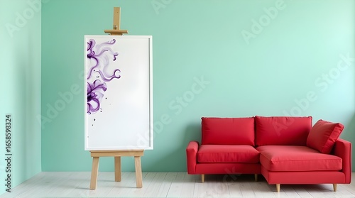 Modern art display with vibrant purple abstract design and red sofa in a stylish living room