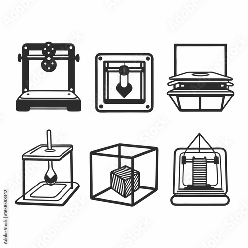 3d printer icons showing different types of printing machines with dark fill, isolated on white background