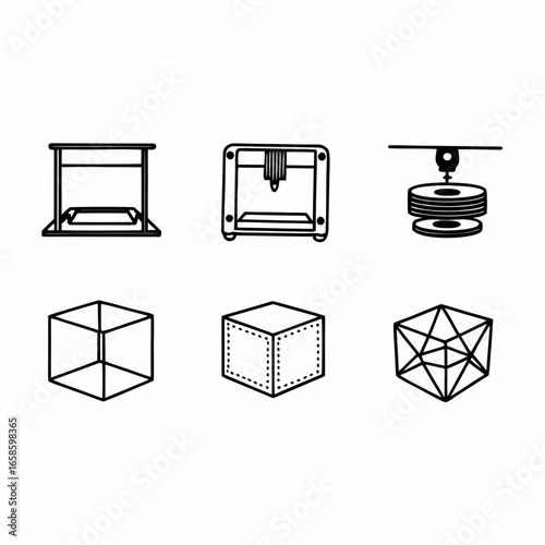 3d printing icons set isolated on white background, illustrating the process of additive manufacturing