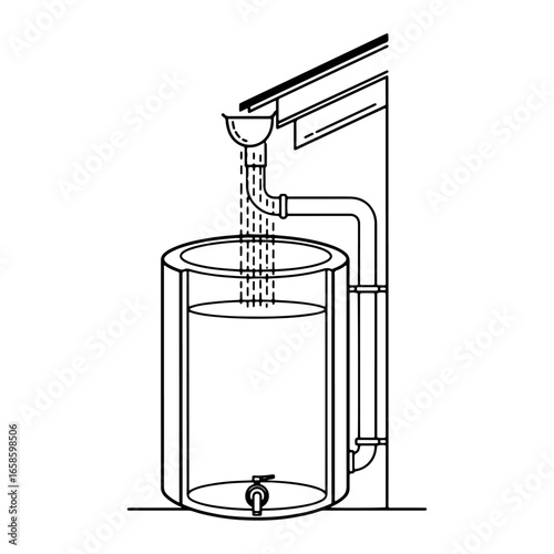 Line art illustration of a rainwater harvesting system. Ideal for graphics and guides related to water conservation, eco-friendly living, and sustainable gardening.