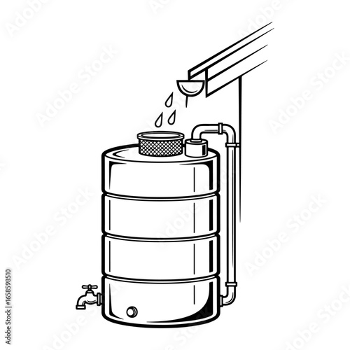 Line art illustration of a rainwater harvesting system. Ideal for graphics and guides related to water conservation, eco-friendly living, and sustainable gardening.