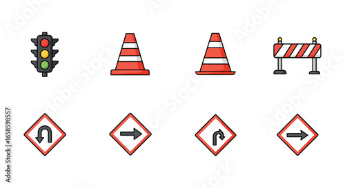 Road construction signs and traffic cones on a white background