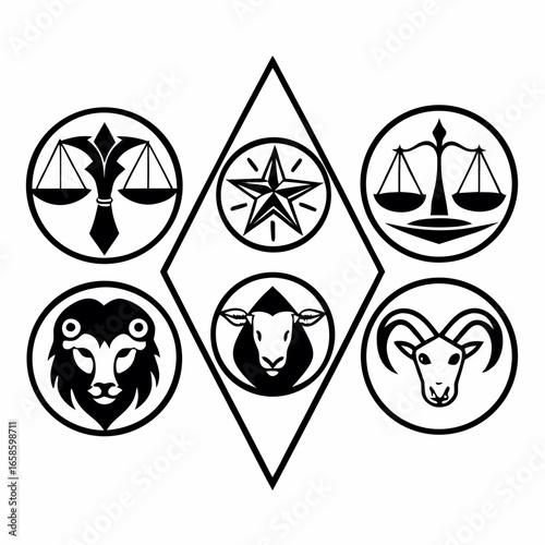 Astrological symbols arranged in a diamond and circles isolated on white background